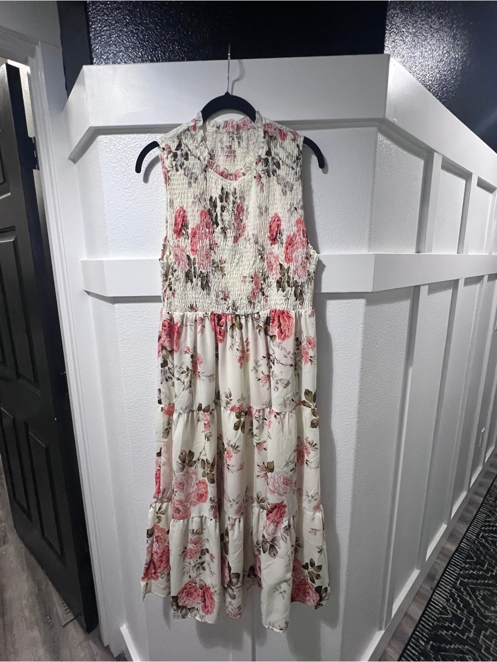 SHEIN Ivory Floral Smocked Tiered Dress - Pink Rose Print